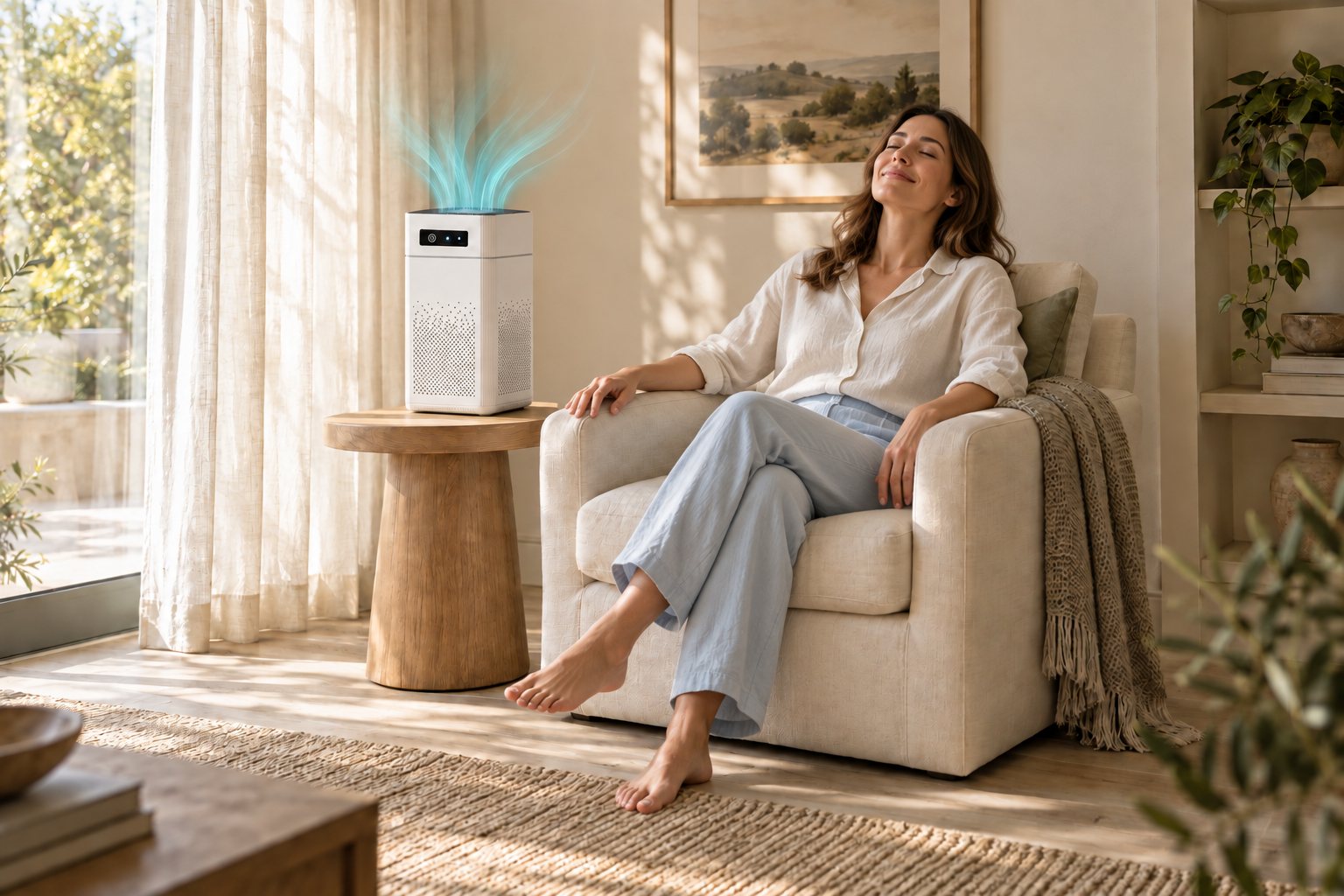 A woman relaxing beside the negative ion purifier in a sunlit room; airflow effect is illustrative